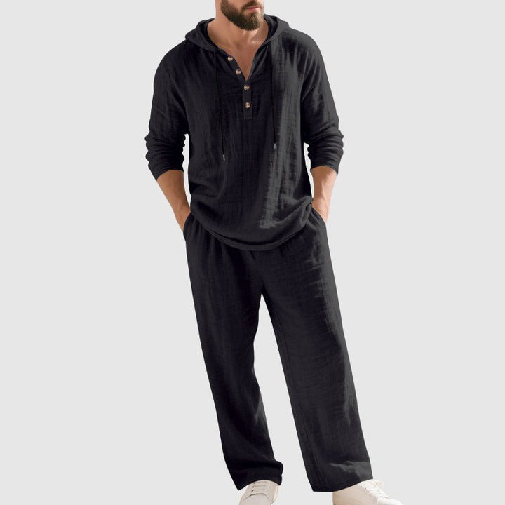 Herren Kapuzen-Henley Leinen Set Relaxed-Fit Loungewear - Black