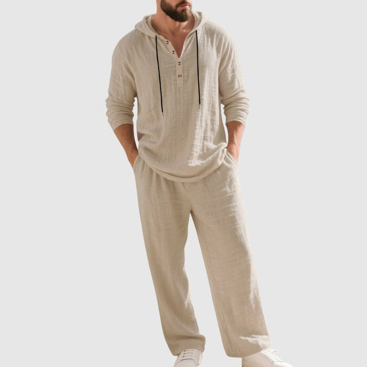 Herren Kapuzen-Henley Leinen Set Relaxed-Fit Loungewear - Beige