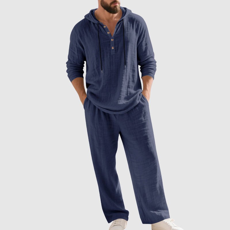 Herren Kapuzen-Henley Leinen Set Relaxed-Fit Loungewear - Blue