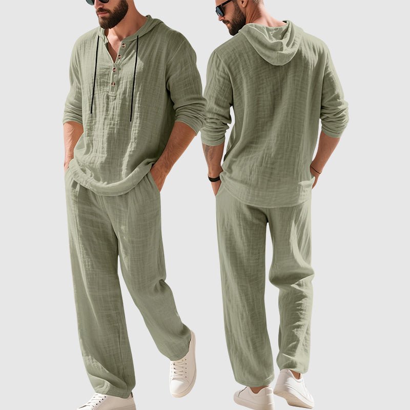 Herren Kapuzen-Henley Leinen Set Relaxed-Fit Loungewear