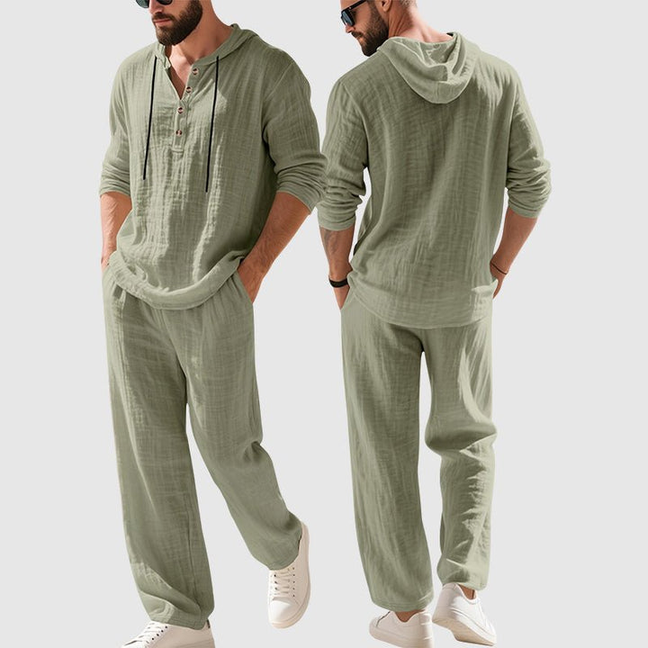 Herren Kapuzen-Henley Leinen Set Relaxed-Fit Loungewear