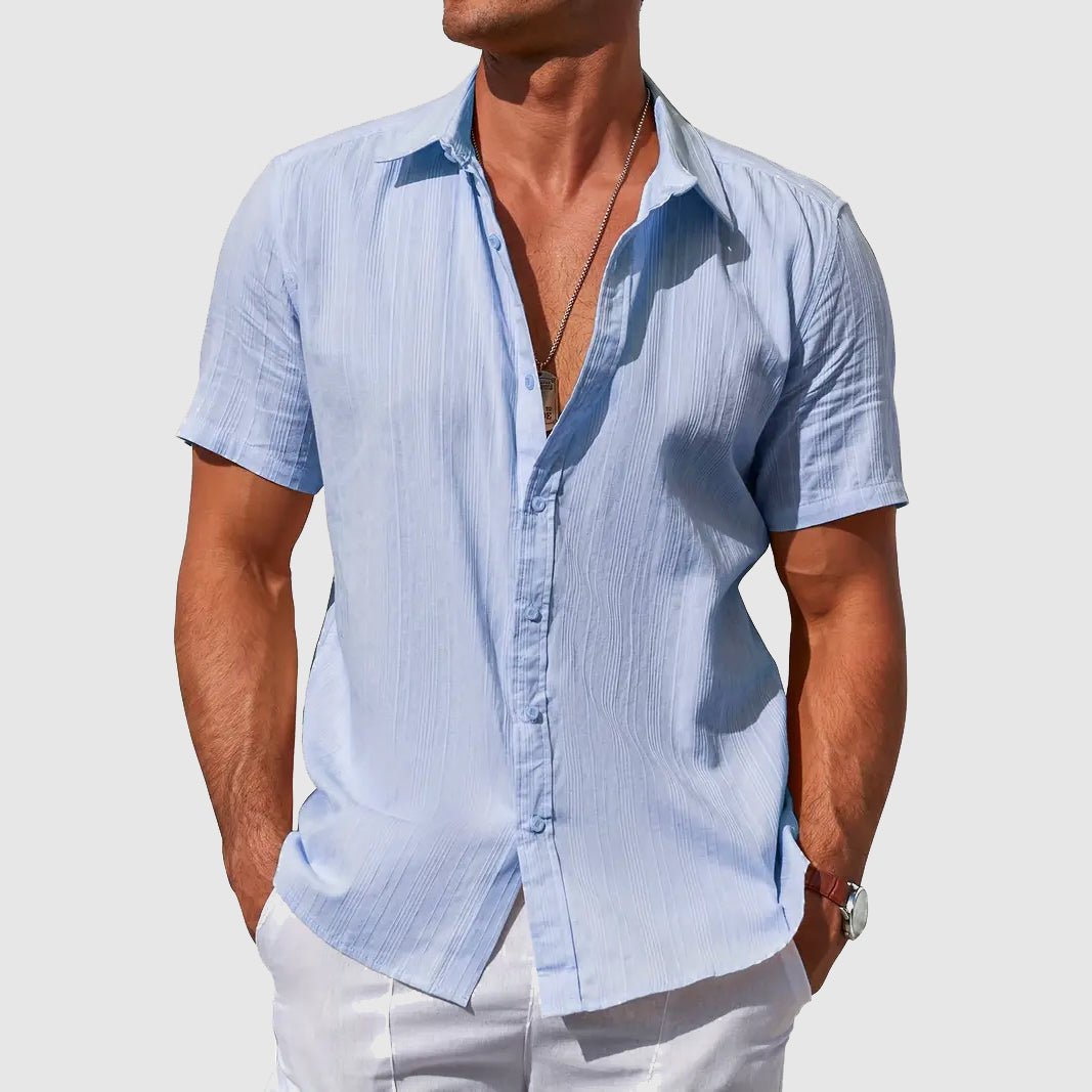 Herren Kurzarm Leinen Hemd Knopfverschluss Regular-Fit - Light Blue