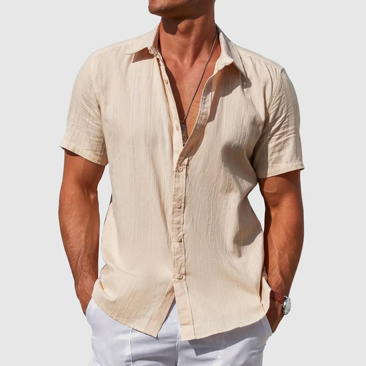 Herren Kurzarm Leinen Hemd Knopfverschluss Regular-Fit - Beige