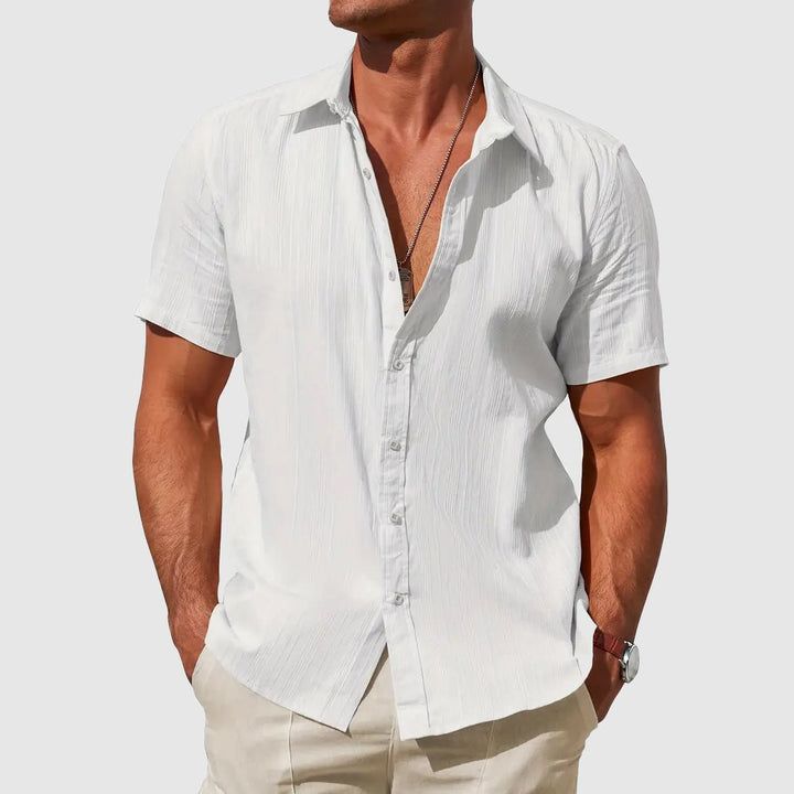 Herren Kurzarm Leinen Hemd Knopfverschluss Regular-Fit - White