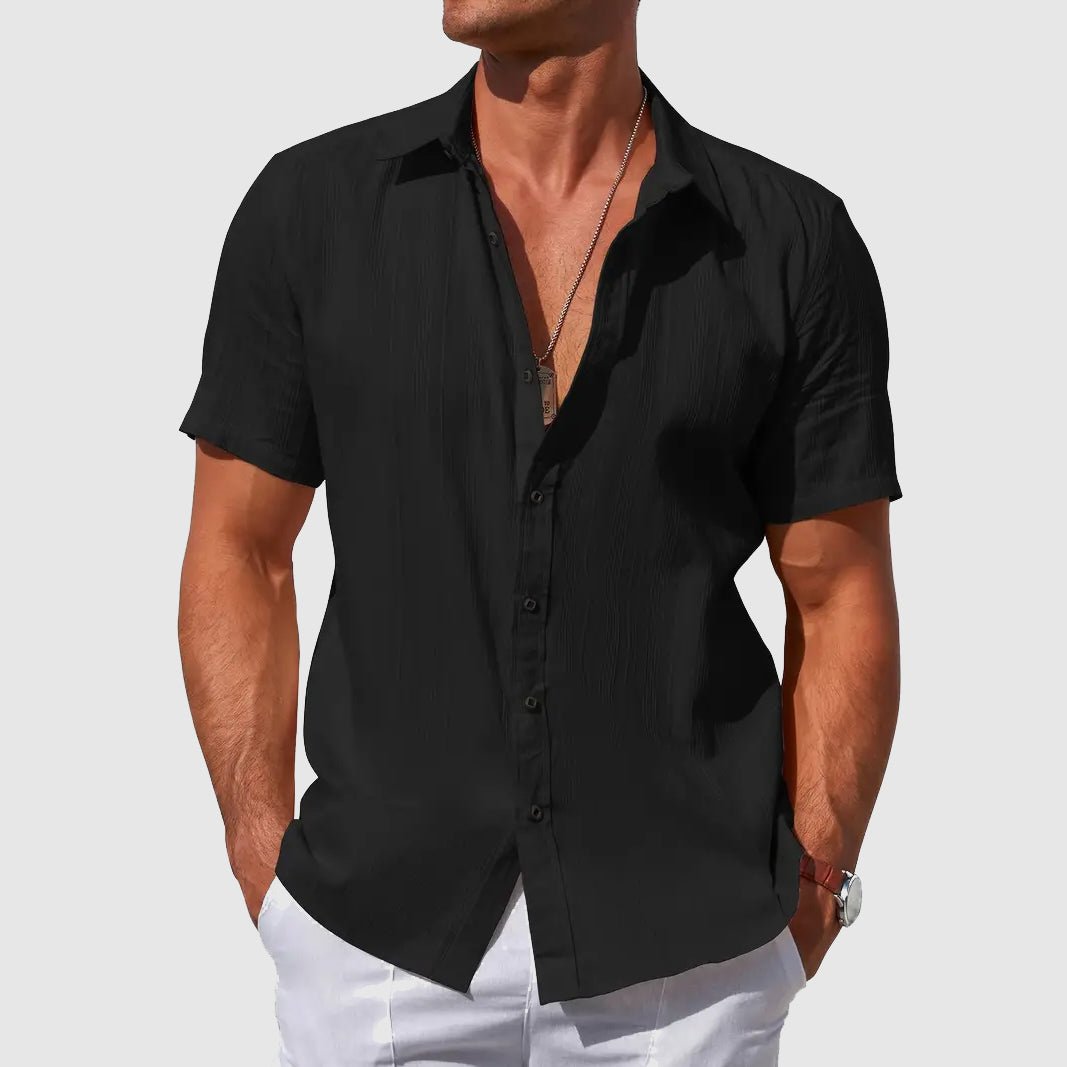 Herren Kurzarm Leinen Hemd Knopfverschluss Regular-Fit - Black