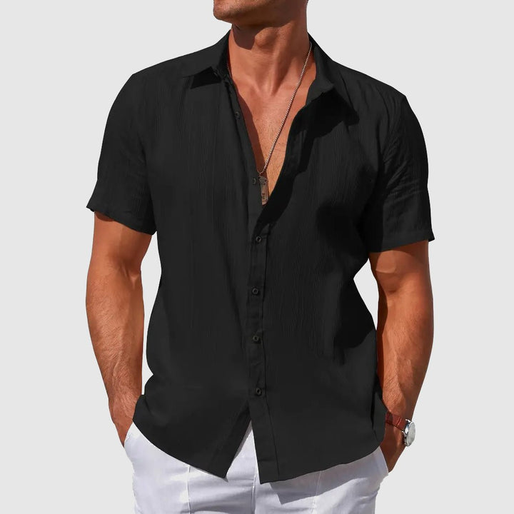 Herren Kurzarm Leinen Hemd Knopfverschluss Regular-Fit - Black