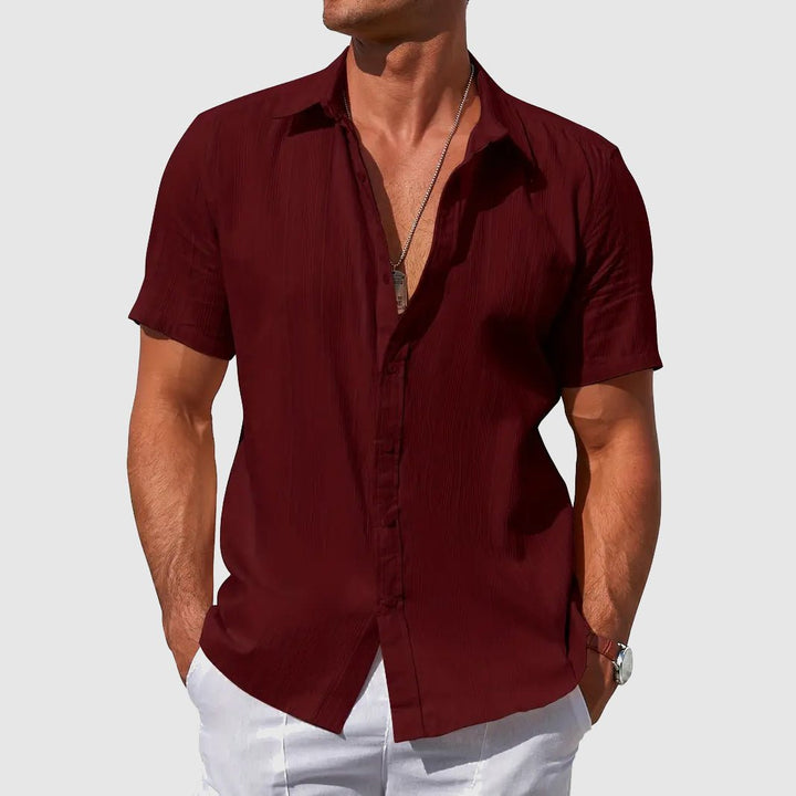 Herren Kurzarm Leinen Hemd Knopfverschluss Regular-Fit - Dark Red
