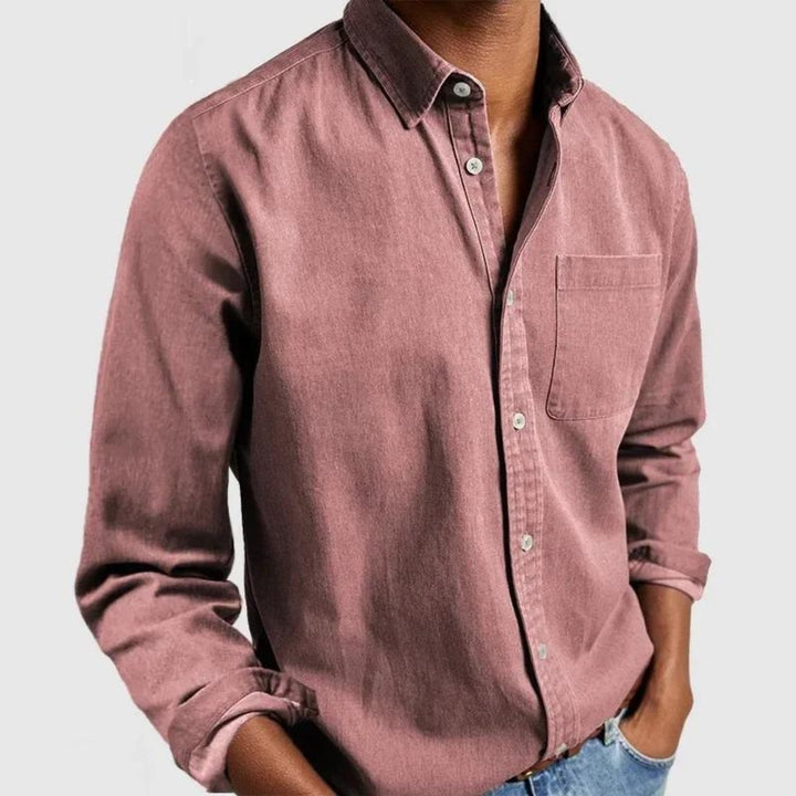 Herren Langarm Freizeithemd mit Brusttasche und Kentkragen - Rosa