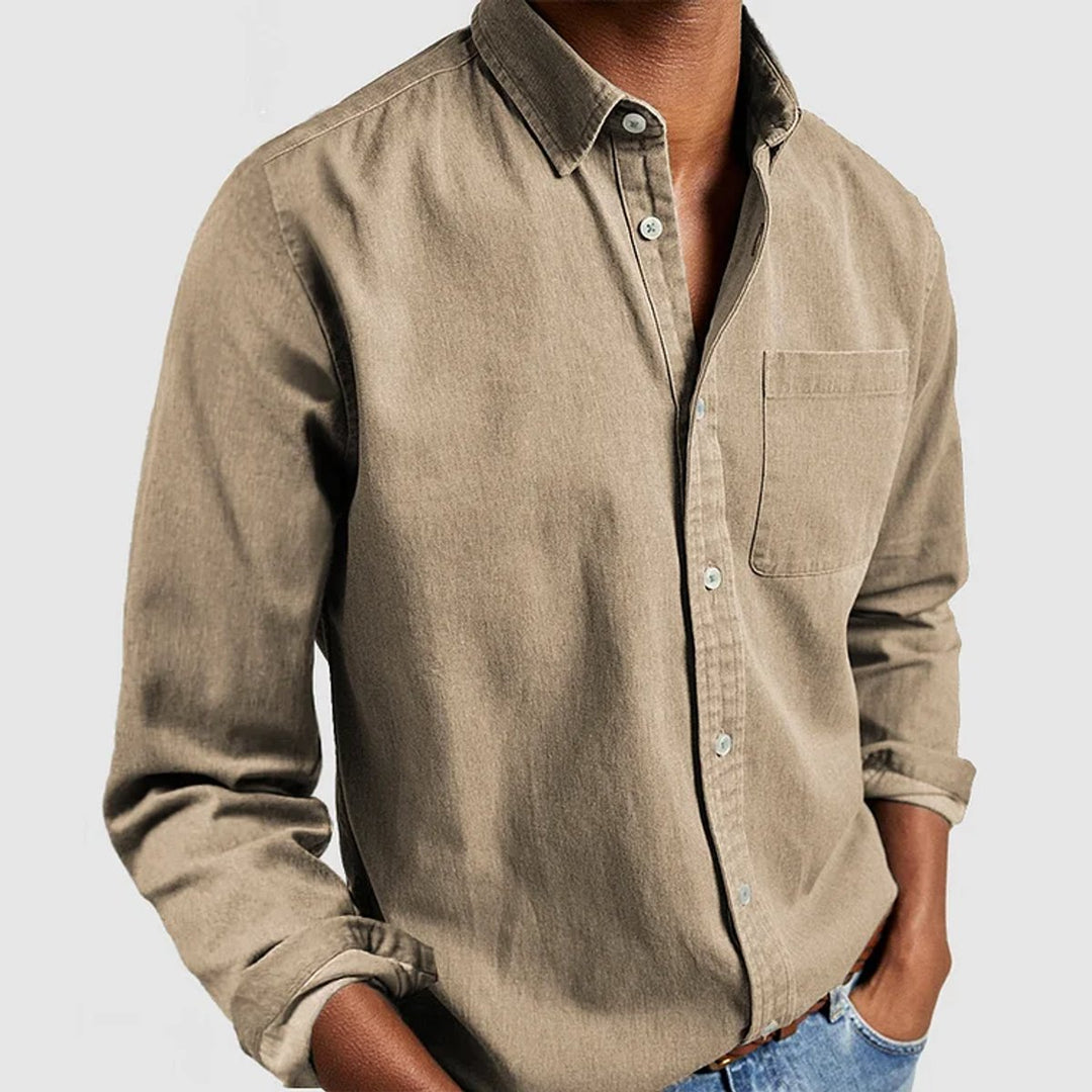 Herren Langarm Freizeithemd mit Brusttasche und Kentkragen - Khaki