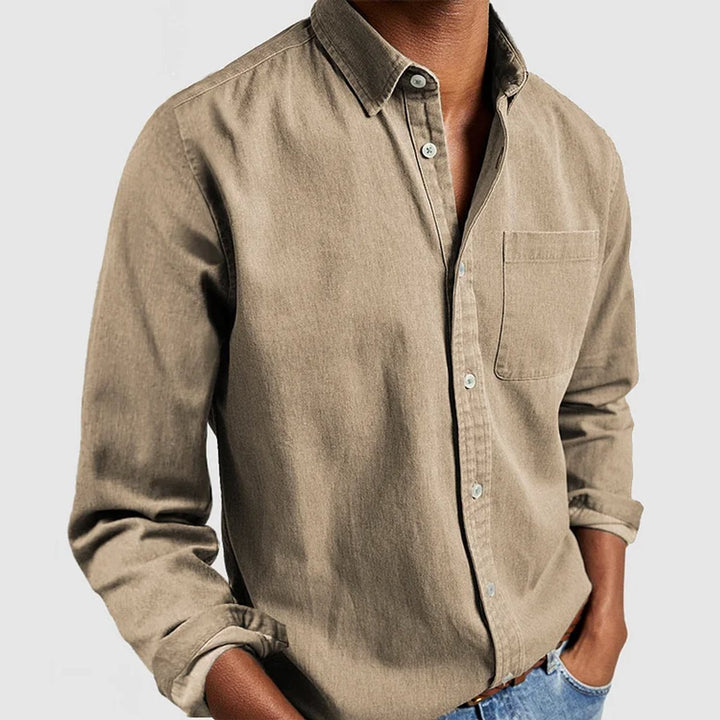 Herren Langarm Freizeithemd mit Brusttasche und Kentkragen - Khaki