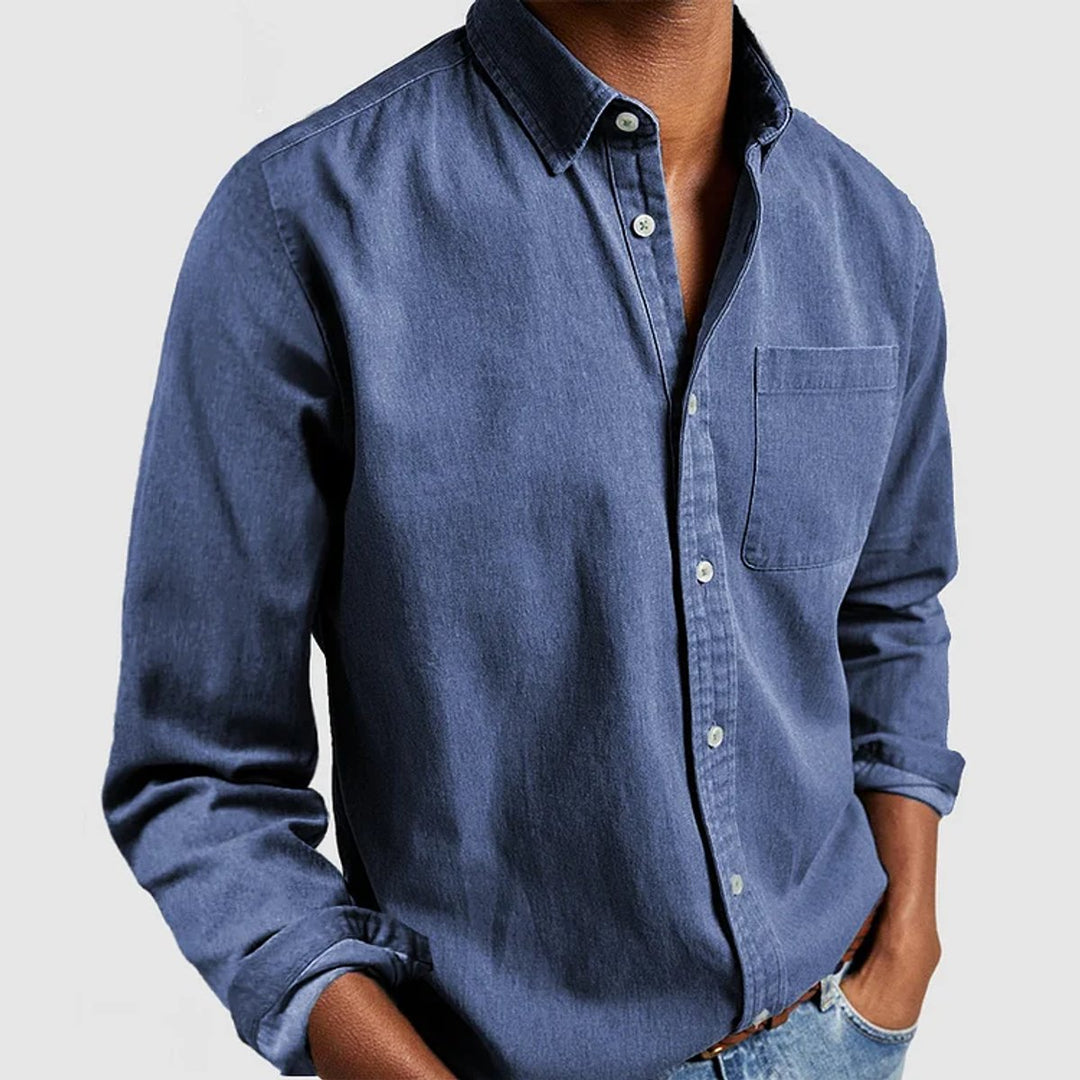 Herren Langarm Freizeithemd mit Brusttasche und Kentkragen - Blau