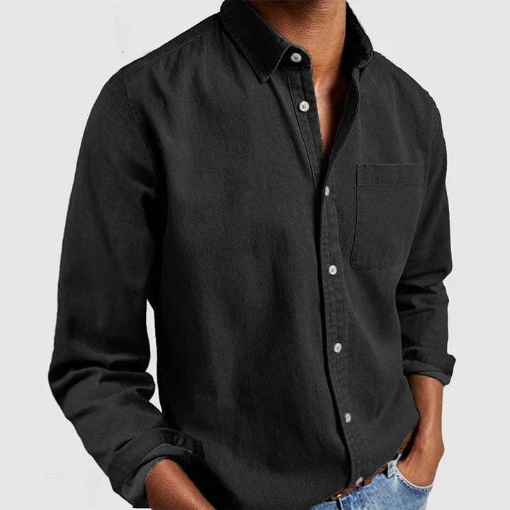 Herren Langarm Freizeithemd mit Brusttasche und Kentkragen - Schwarz