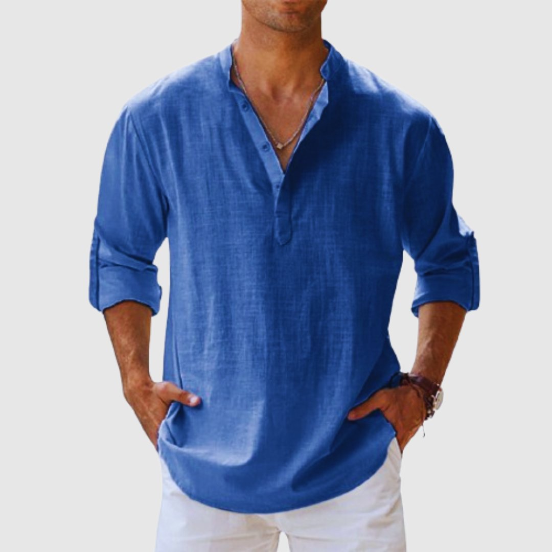 Herren Leinen Hemd Langarm Grandad Kragen - Blue