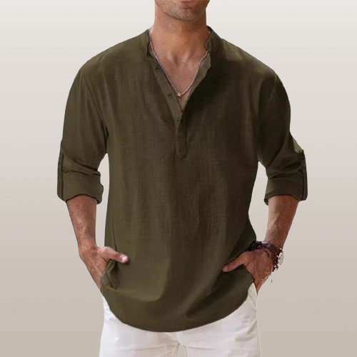 Herren Leinen Hemd Langarm Grandad Kragen - Army Green