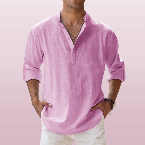 Herren Leinen Hemd Langarm Grandad Kragen - Lavender