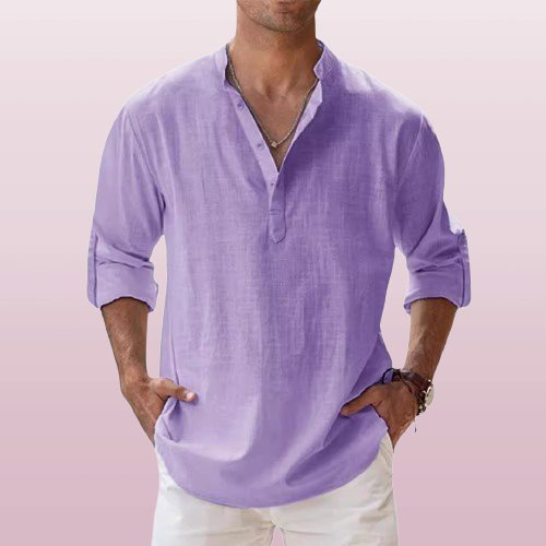 Herren Leinen Hemd Langarm Grandad Kragen - Purple