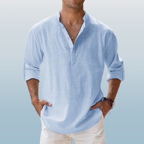 Herren Leinen Hemd Langarm Grandad Kragen - Light Blue
