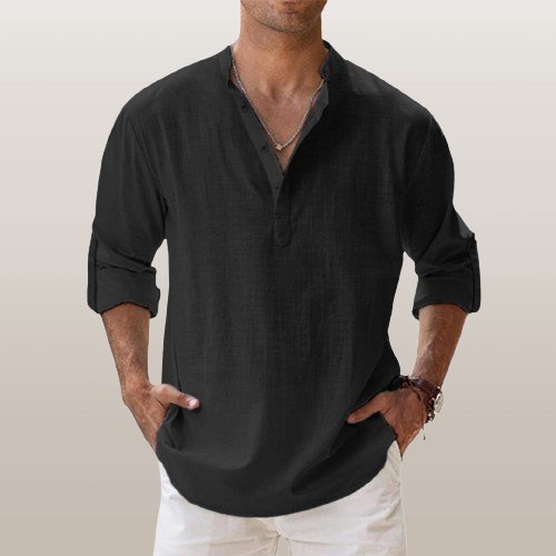 Herren Leinen Hemd Langarm Grandad Kragen - Black