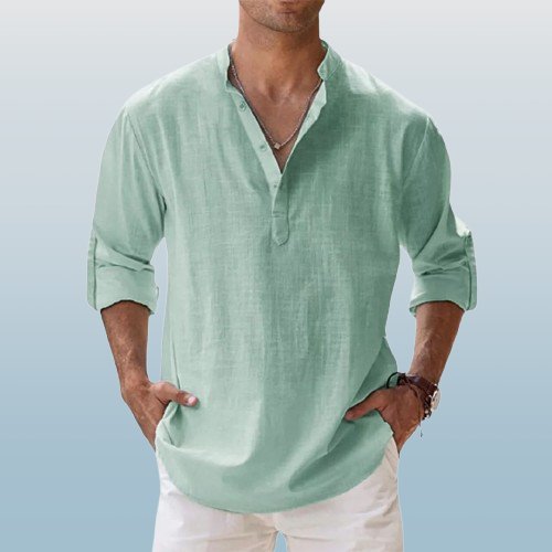 Herren Leinen Hemd Langarm Grandad Kragen - Sage Green