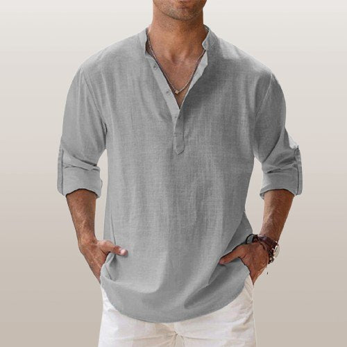 Herren Leinen Hemd Langarm Grandad Kragen - Gray