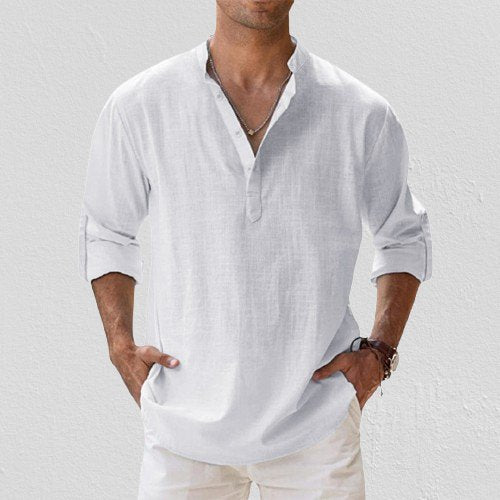 Herren Leinen Hemd Langarm Grandad Kragen - White