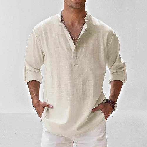 Herren Leinen Hemd Langarm Grandad Kragen - Light Beige