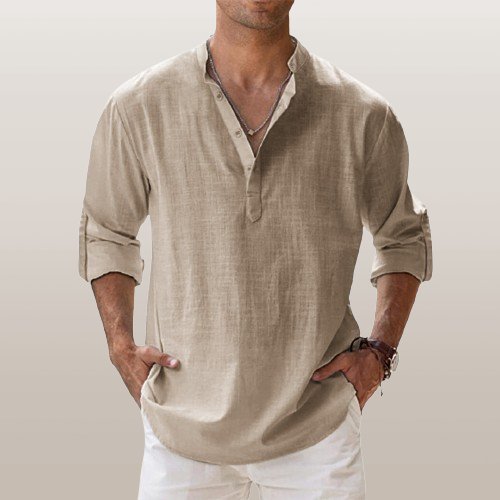 Herren Leinen Hemd Langarm Grandad Kragen - Khaki