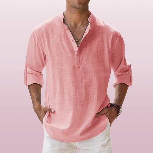 Herren Leinen Hemd Langarm Grandad Kragen - Pink