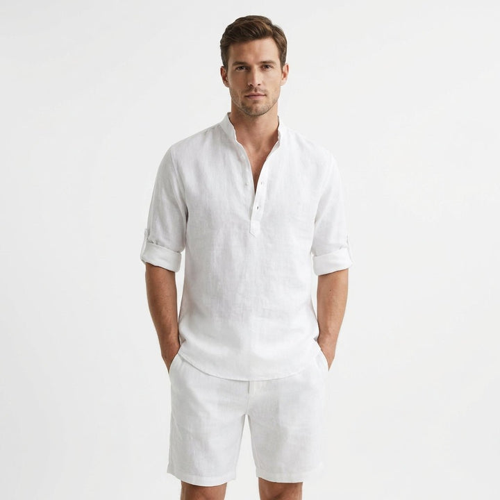 Herren Leinen Henley Hemd Mao-Kragen Aufgekrempelte Ärmel - Blanco