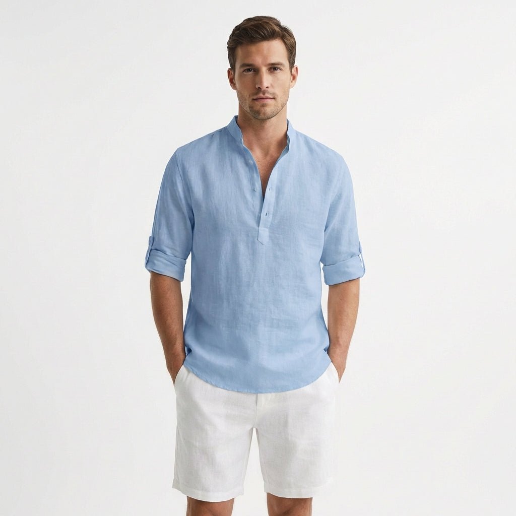 Herren Leinen Henley Hemd Mao-Kragen Aufgekrempelte Ärmel - Azul Claro
