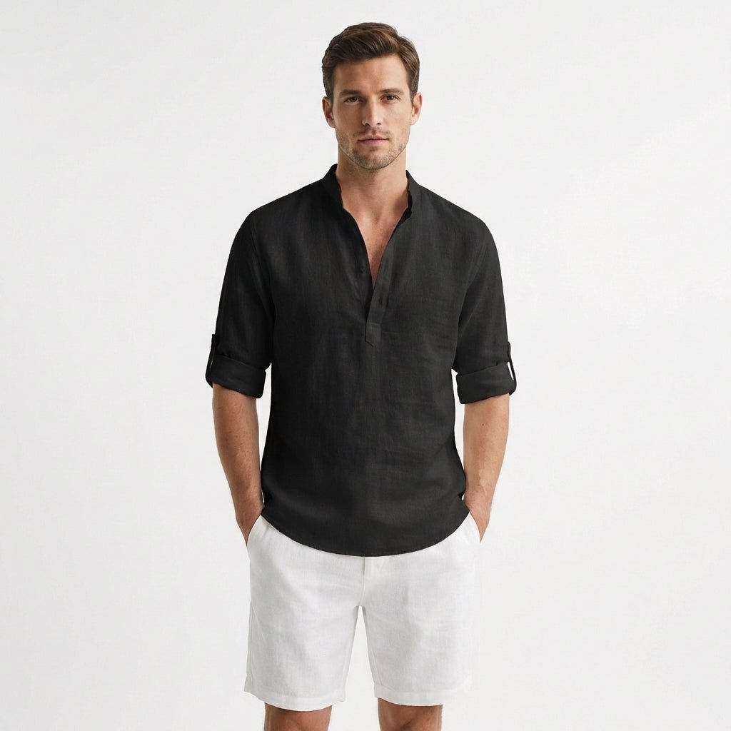 Herren Leinen Henley Hemd Mao-Kragen Aufgekrempelte Ärmel - Negro