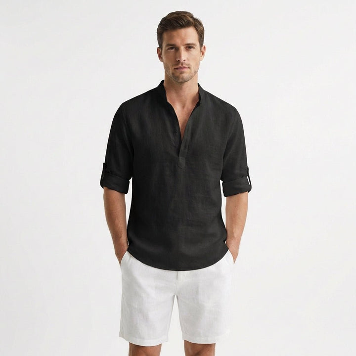 Herren Leinen Henley Hemd Mao-Kragen Aufgekrempelte Ärmel - Negro