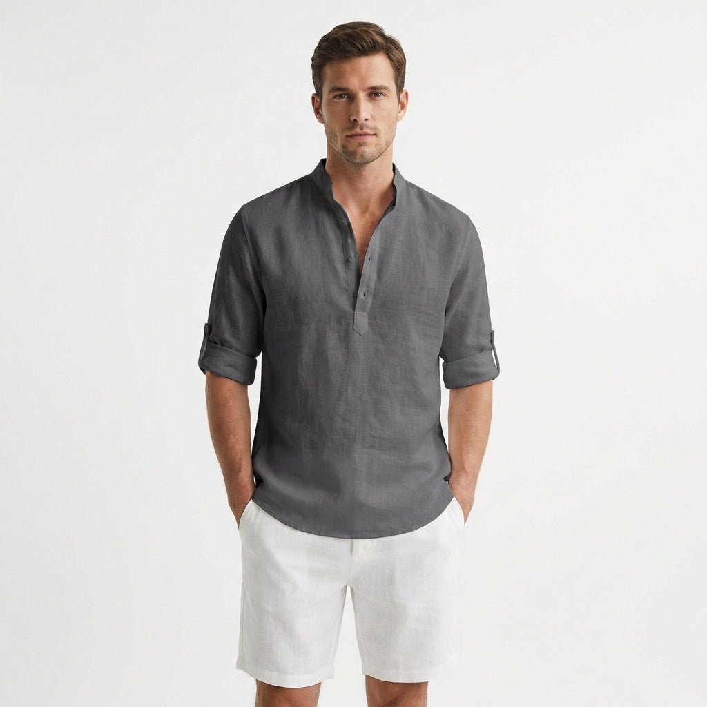 Herren Leinen Henley Hemd Mao-Kragen Aufgekrempelte Ärmel - Gris
