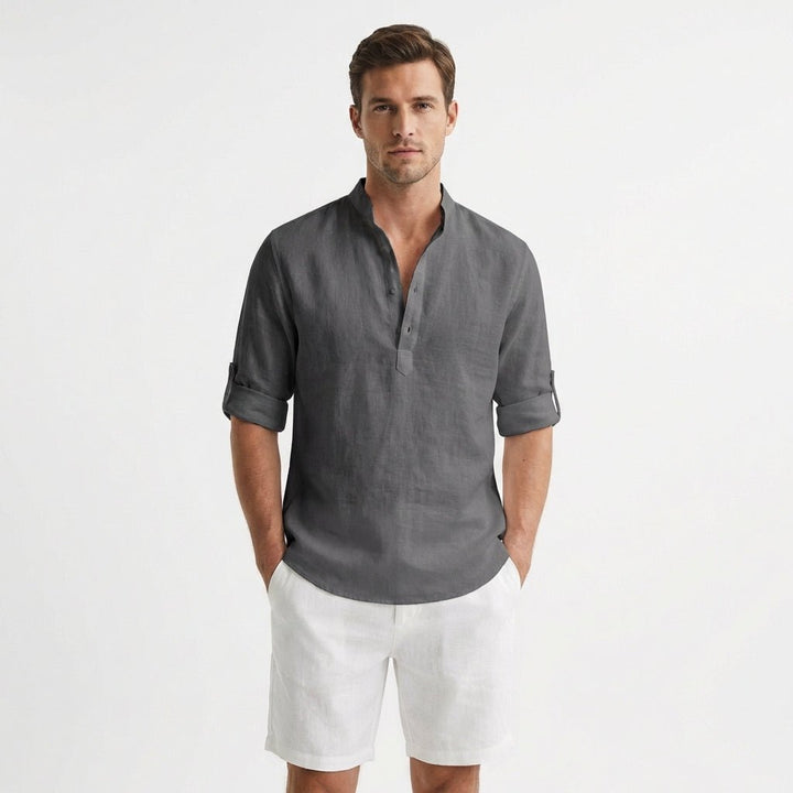 Herren Leinen Henley Hemd Mao-Kragen Aufgekrempelte Ärmel - Gris