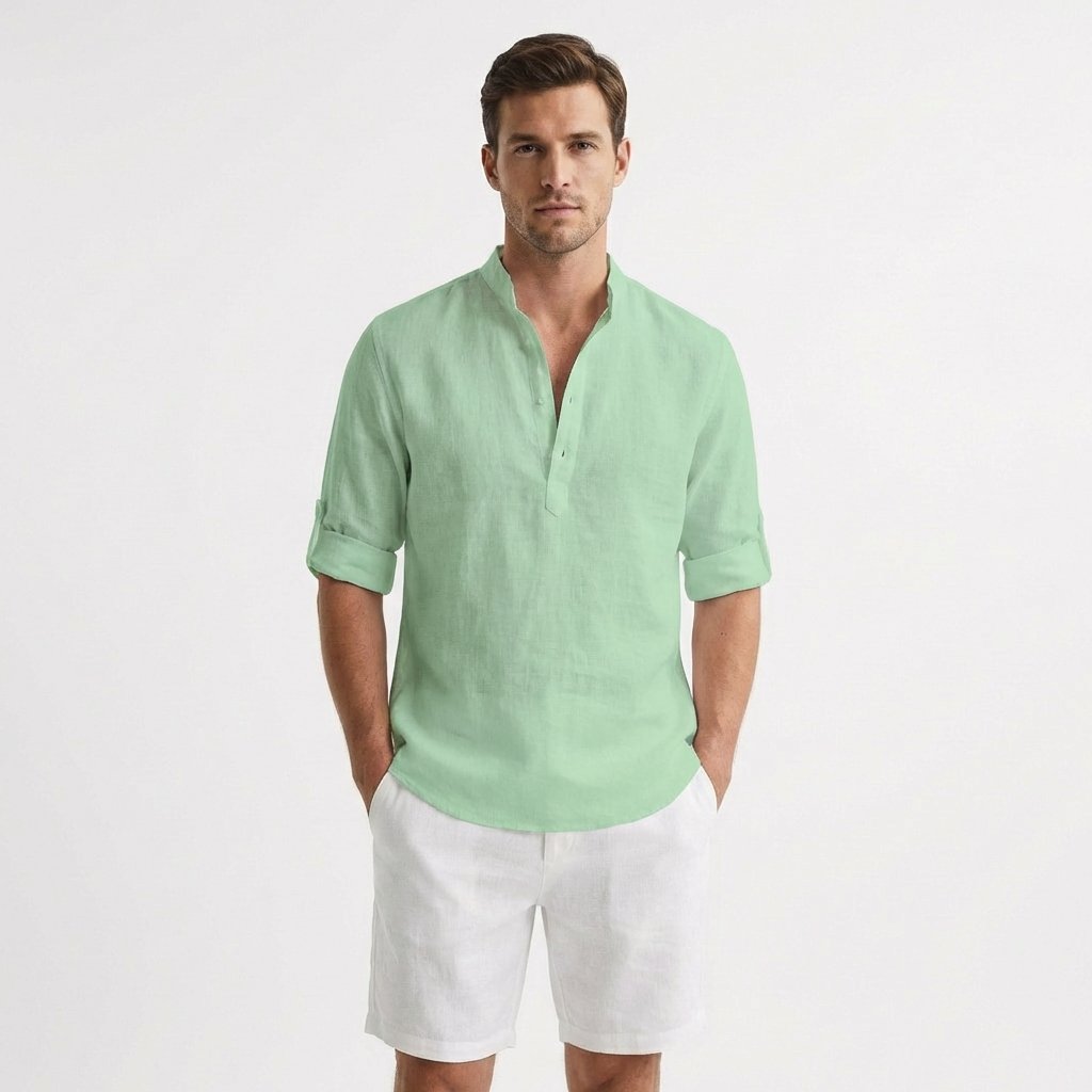 Herren Leinen Henley Hemd Mao-Kragen Aufgekrempelte Ärmel - Verde menta