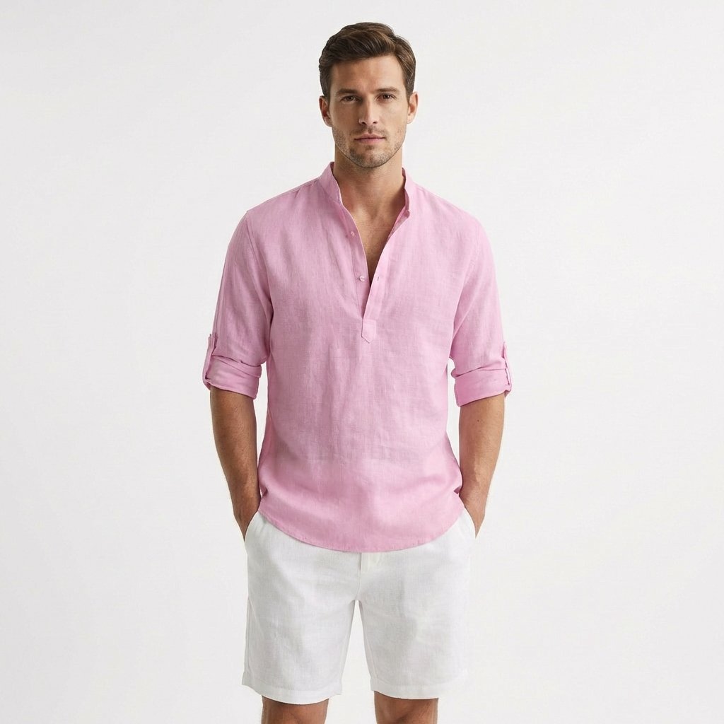 Herren Leinen Henley Hemd Mao-Kragen Aufgekrempelte Ärmel - Rosa