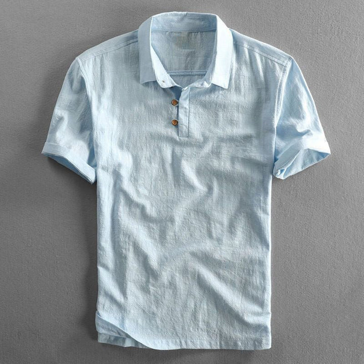 Herren Leinen Kurzarm Poloshirt - Light Blue