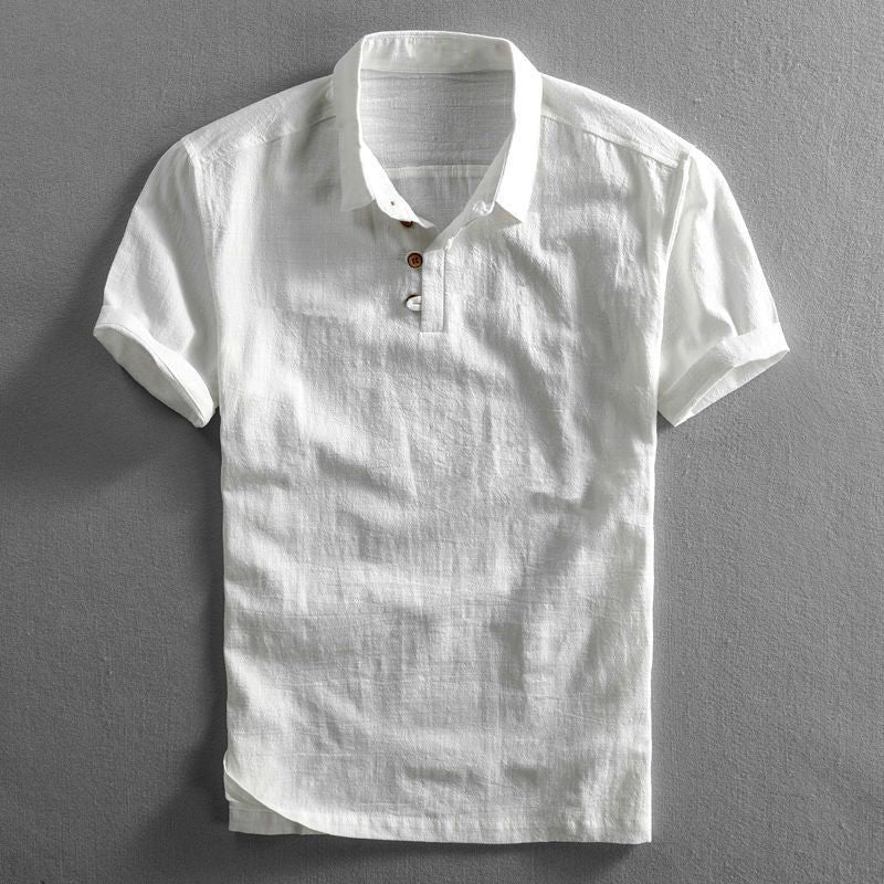 Herren Leinen Kurzarm Poloshirt - White
