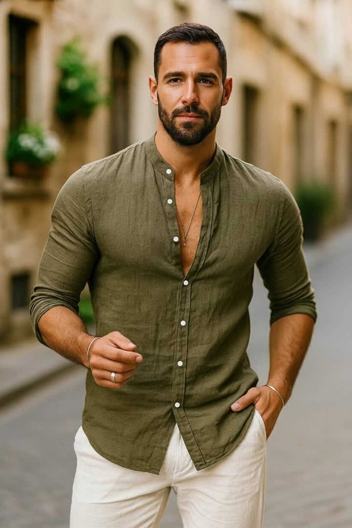 Herren Leinen Langarm Grandad-Kragen Freizeithemd - Army Green