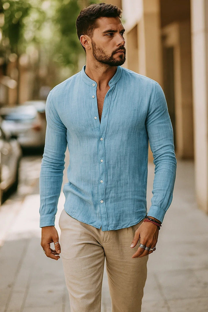 Herren Leinen Langarm Grandad-Kragen Freizeithemd - Light Blue