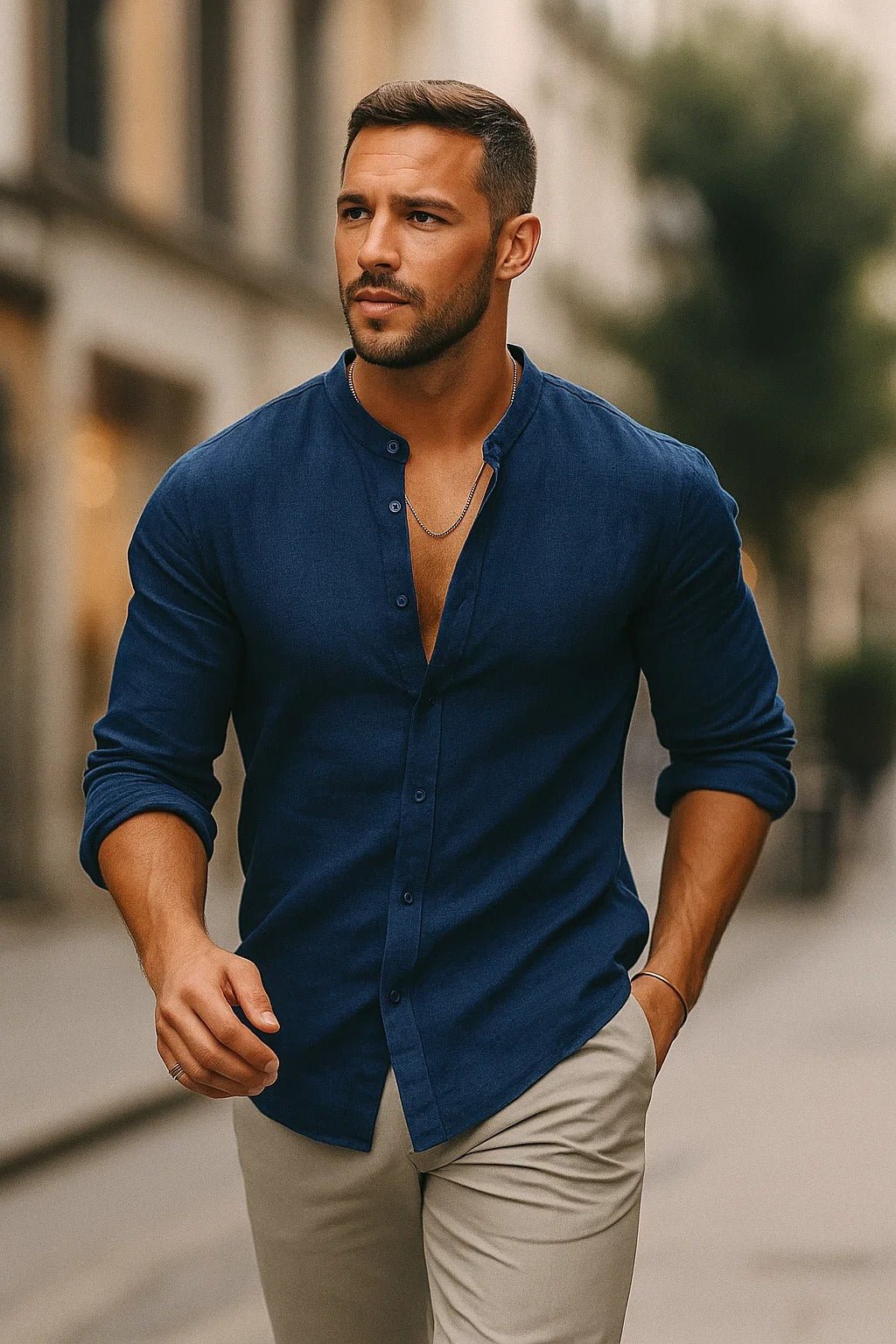 Herren Leinen Langarm Grandad-Kragen Freizeithemd - Blue