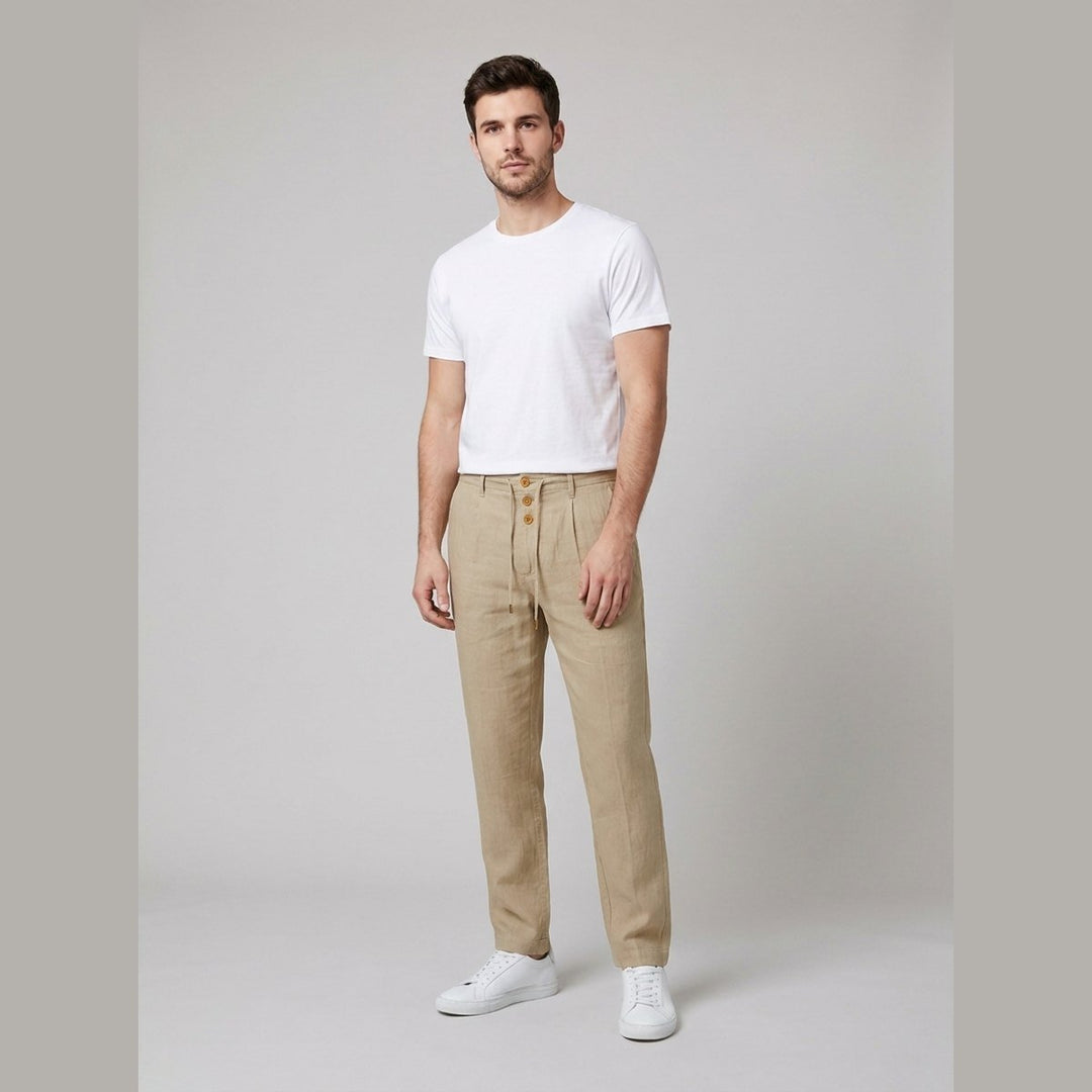 Herren Leinen Relaxed-Fit Kordelzug Hose - Khaki