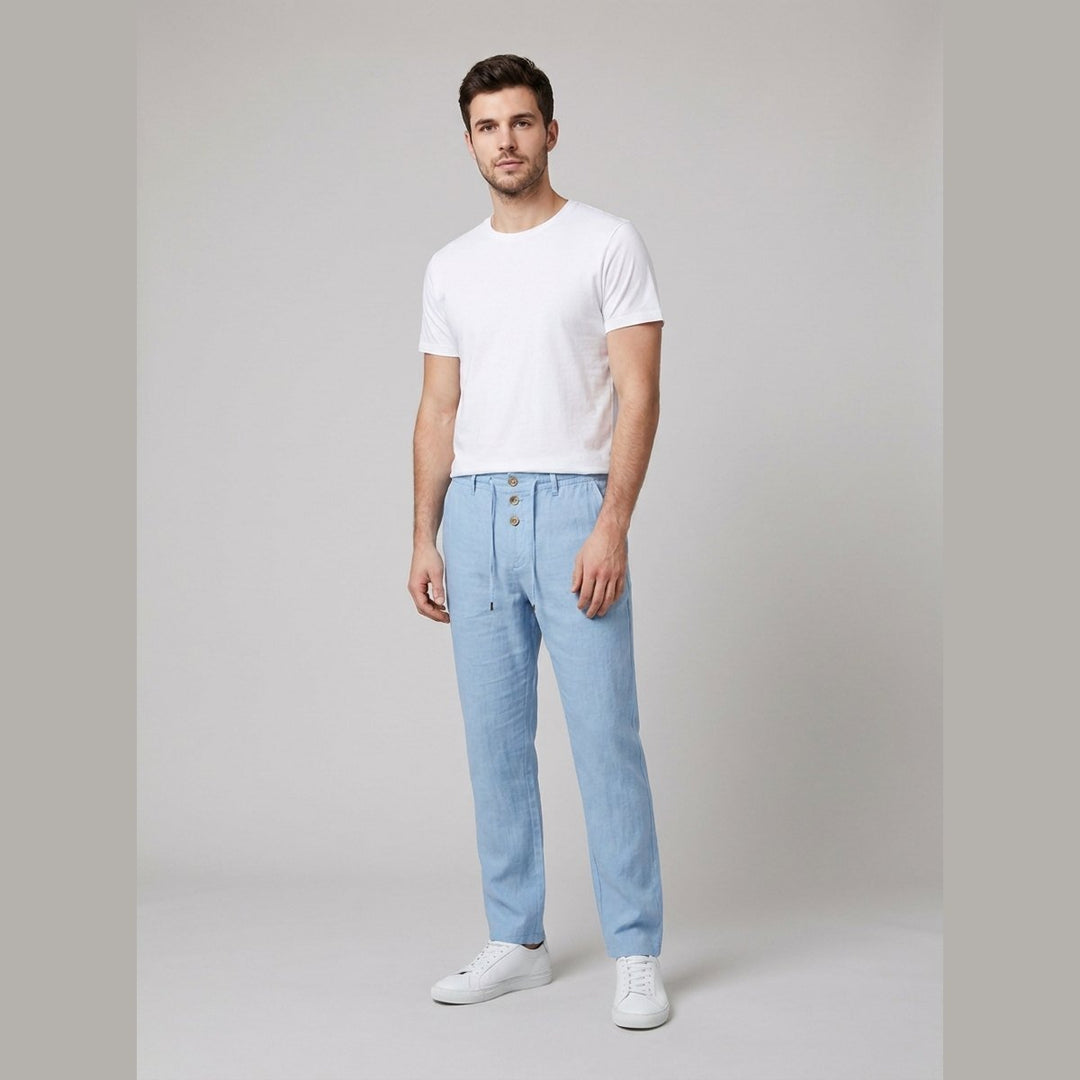 Herren Leinen Relaxed-Fit Kordelzug Hose - Light Blue