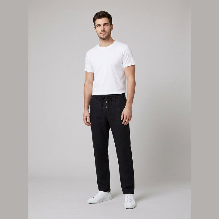 Herren Leinen Relaxed-Fit Kordelzug Hose - Black