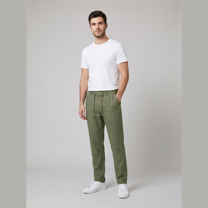 Herren Leinen Relaxed-Fit Kordelzug Hose - Army Green