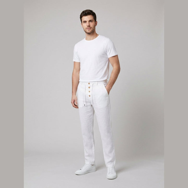 Herren Leinen Relaxed-Fit Kordelzug Hose - White