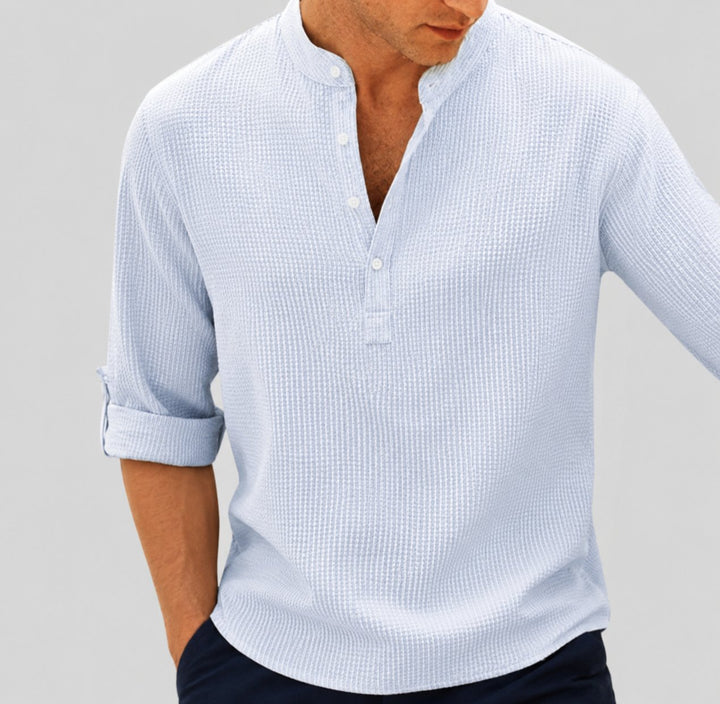 Herren Leinen Stehkragen Henley Langarmhemd gestreift - Blau