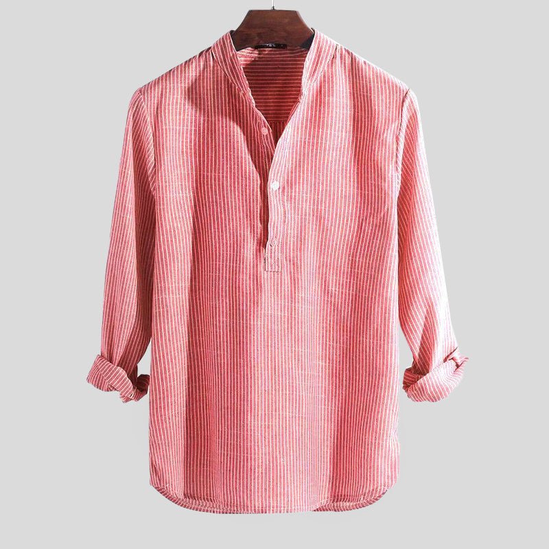 Herren Leinen Stehkragen Henley Langarmhemd gestreift - Rot