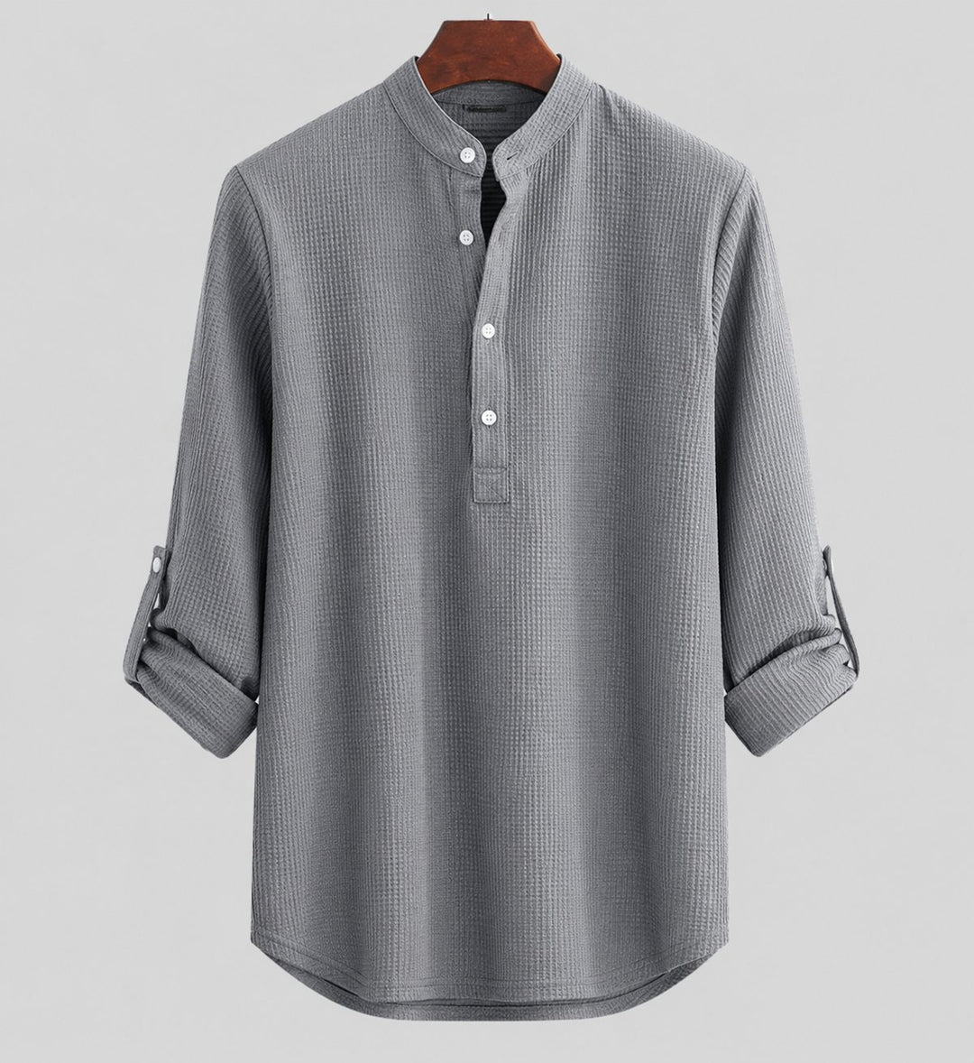 Herren Leinen Stehkragen Henley Langarmhemd gestreift - Schwarz
