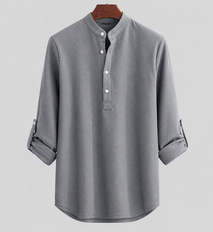 Herren Leinen Stehkragen Henley Langarmhemd gestreift - Schwarz